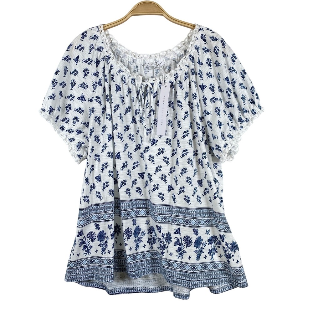 Jane + Delancey Boho Floral Butterfly Blouse Women‎ 2X Blue Eyelet Puff Sleeve